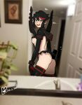  1girl artist_logo ass backless_outfit bathroom between_buttocks black_hair black_legwear black_skirt blue_eyes blurry blurry_background blush breasts butt_crack cellphone cowboy_shot dated eyebrows_visible_through_hair hair_between_eyes highres holding holding_phone hong_doo kill_la_kill korean_commentary looking_at_viewer matoi_ryuuko medium_breasts microskirt mirror multicolored_hair nervous_smile open_mouth phone photo_background red_hair reflection revealing_clothes selfie senketsu short_hair sideboob skirt smartphone solo standing streaked_hair suspenders sweatdrop thighhighs thighs two-tone_hair 