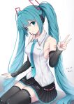  1girl absurdres aqua_eyes aqua_hair aqua_nails aqua_necktie bangs black_legwear black_skirt closed_mouth collarbone detached_sleeves eyebrows_visible_through_hair hatsune_miku hatsune_miku_(vocaloid4) headset highres long_hair looking_at_viewer necktie okome_(okome_0627ha) shirt sitting skirt smile solo tattoo thighhighs twintails v very_long_hair vocaloid white_background white_shirt 