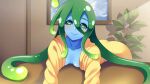  1girl ahoge artist_request blue_skin blue_slime blush breasts colored_skin couch game_cg green_eyes green_hair indoors leaning_forward long_hair looking_at_viewer monster_girl monster_musume_no_iru_nichijou monster_musume_no_iru_nichijou_online naked_raincoat official_art plant raincoat slime_girl small_breasts smile solo suu_(monster_musume) tentacle_hair very_long_hair yellow_raincoat 