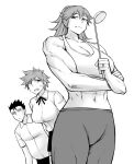  1boy 2girls abs black_hair black_pants breasts collarbone crop_top fang jewelry ladle large_breasts multiple_girls muscular muscular_female open_mouth original pants peach_(momozen) ring school_uniform shirt short_hair sweatdrop wedding_band white_shirt 