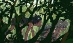  2boys black_hair crawling from_side gon_freecss highres hunter_x_hunter killua_zoldyck looking_ahead male_focus mito_tomiko multiple_boys nature outdoors plant shorts sleeveless spiked_hair squatting white_hair 