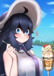  1girl @_@ absurdres ahoge alternate_breast_size bangs bare_shoulders blue_eyes blush breasts cookie eating food hair_between_eyes hairband hat hex_maniac_(pokemon) highres holding holding_spoon ice_cream john_(a2556349) large_breasts long_hair looking_at_viewer messy_hair necktie outdoors poke_ball poke_ball_(basic) pokemon pokemon_(game) pokemon_sv pokemon_xy purple_hair purple_hairband purple_necktie smile solo spoon sundae windmill 