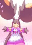  &lt;3 2022 3_fingers anthro black_hair blush clothing eyes_closed female fingers gradient_background hair hair_mouth hi_res long_hair mawaifu mega_evolution mega_mawile nintendo pink_body pink_skin pok&eacute;mon pok&eacute;mon_(species) pseudo_hair sharp_teeth shirt simple_background smile solo spikes spikes_(anatomy) spread_arms standing t-shirt teeth text text_on_clothing topwear video_games yellow_body yellow_skin 