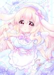  1girl animal_ears apron blonde_hair blue_dress blush bow breasts bunny chiika_(cure_cherish) dress eyebrows_visible_through_hair flower_(symbol) hat highres large_breasts long_hair looking_at_viewer open_mouth original pin pincushion pink_bow pink_eyes puffy_short_sleeves puffy_sleeves rabbit_ears short_sleeves solo solo_focus spool tareme very_long_hair wrist_cuffs 