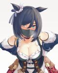  1girl animal_ears black_hair blue_eyes blue_ribbon breasts cleavage ear_ribbon eishin_flash_(umamusume) eyebrows_visible_through_hair grey_background hair_between_eyes hands_on_hips highres horse_ears horse_girl looking_at_viewer mask medium_breasts mokuren_(mozukukirai88) mouth_mask ribbon short_hair simple_background solo umamusume 