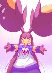  &lt;3 2022 3_fingers anthro blue_body blue_skin blush clothing eyes_closed female fingers gradient_background hair hair_mouth hi_res long_hair mawaifu mega_evolution mega_mawile nintendo pink_hair pok&eacute;mon pok&eacute;mon_(species) pseudo_hair sharp_teeth shiny_pok&eacute;mon shirt simple_background smile solo spikes spikes_(anatomy) spread_arms standing t-shirt teeth text text_on_clothing topwear video_games yellow_body yellow_skin 