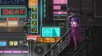  1girl air_conditioner akrh billboard cameo city cyberpunk jacket jill_stingray kira_miki neon_lights pixel_art smoking solo stairs translation_request twitter_username va-11_hall-a 