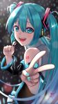 1girl 39 :d absurdres aqua_eyes aqua_hair aqua_nails bangs dated detached_sleeves eyebrows_visible_through_hair from_side hatsune_miku highres long_hair open_mouth signature smile solo tattoo tatyaoekaki twintails upper_body v vocaloid 