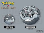  artist_name black_eyes bromojumbo character_name copyright_name crossover elden_ring electrode_(pokemon) grey_background grin highres looking_at_viewer no_humans pokemon smile voltorb white_eyes 