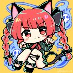  1girl :q animal_ears bangs black_bow black_footwear blue_fire blunt_bangs blush_stickers bow braid cat_ears cat_tail chibi eyebrows_visible_through_hair fire flaming_skull floating_skull full_body hair_bow hair_ribbon hands_up highres hitodama kaenbyou_rin knees_up long_hair looking_at_viewer multiple_tails nekomata orange_background paw_pose ramudia_(lamyun) red_eyes red_hair red_ribbon ribbon simple_background solo split_mouth tail tongue tongue_out touhou tress_ribbon twin_braids twintails two_tails very_long_hair 