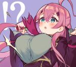  !? 1girl :o ahoge blue_eyes blush breasts commentary_request cup disposable_cup flower_knight_girl flying_button hair_between_eyes hakarame_(flower_knight_girl) large_breasts long_hair long_sleeves pico_(p_i_c_o) pink_hair popped_button purple_background simple_background solo starbucks upper_body 