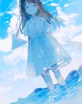  1girl bare_legs blue_sky brown_hair closed_eyes cloud commentary_request day dress highres long_hair open_mouth original outdoors paper short_sleeves sky smile solo sundress wading warabimoti_yoz water white_dress 