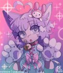  1girl :o animal_ears animal_hands bandages cat_ears cat_paws collar foxinshadow highres looking_at_viewer my_melody onegai_my_melody open_mouth original purple_eyes purple_hair ribbon short_hair solo sparkle 