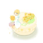  1girl artist_name bird blonde_hair blue_eyes bouquet chai_(drawingchisanne) dress flower food holding holding_bouquet looking_at_viewer macaron original short_hair simple_background sitting smile white_background white_dress white_footwear yellow_flower yellow_footwear 