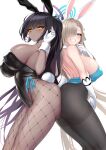  2girls animal_ears ass ass-to-ass asuna_(blue_archive) bangs bare_shoulders black_hair black_hairband black_legwear black_leotard blue_archive blue_bow blue_bowtie blue_eyes blue_leotard blush bow bowtie breasts closed_mouth detached_collar elbow_gloves fishnet_legwear fishnets gloves hair_over_one_eye hairband highres karin_(blue_archive) large_breasts leotard light_brown_hair long_hair looking_at_viewer multiple_girls one_eye_covered pantyhose parted_lips playboy_bunny ponytail rabbit_ears sigma_rio simple_background smile teeth thighs white_background white_gloves white_hairband yellow_eyes 