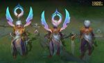  1girl bangs bare_shoulders dark-skinned_female dark_skin dawnbringer_karma dress from_behind full_body glowing glowing_eyes grey_dress hair_ornament hair_ribbon highres league_of_legends multicolored_clothes multicolored_dress pants ribbon short_hair standing tress_ribbon vegacolors white_hair yellow_eyes 