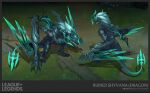  1girl armor artist_name character_name claws copyright_name dragon english_commentary glowing glowing_eyes green_eyes green_hair grey_hair highres league_of_legends long_hair multiple_views outdoors ruined_shyvana shyvana standing vegacolors 