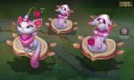  animal blue_eyes bow cat copyright_name english_commentary floating floating_object flower fur_collar hair_bow heart heartseeker_yuumi highres league_of_legends outdoors purple_bow rose smile vegacolors yuumi_(league_of_legends) 