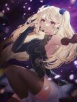  1girl black_gloves black_skirt blonde_hair breasts brown_legwear confetti elbow_gloves fingerless_gloves gloves hair_between_eyes headset highres long_hair looking_at_viewer original purple_eyes risem skirt smile symbol-only_commentary thighhighs two_side_up white_footwear 