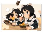  3girls :&lt; :o aburaage akai_sashimi animal_ear_fluff animal_ears apron arm_rest arm_up bangs beige_background black_dress black_eyes black_hair blowing blush bob_cut border bowl cat_ears chair chestnut_mouth chopsticks clenched_hand covered_face dress eating eyebrows_behind_hair food food_in_mouth frilled_apron frills from_side gourd hand_up hands_up head_down highres holding holding_bowl holding_chopsticks indoors kitsune_udon long_sleeves looking_away looking_down looking_up low_ponytail maid maid_apron mouth_hold multiple_girls no_nose no_pupils noodles nose_blush on_chair open_hand original out_of_frame outside_border parted_bangs parted_lips perspective ponytail puffy_long_sleeves puffy_sleeves shadow short_hair signature sitting sleeve_cuffs spring_onion steam swept_bangs table tareme tofu udon upper_body white_apron white_border wing_collar wooden_chair wooden_table 
