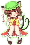  1girl :d animal_ears bangs blunt_bangs blush bow bowtie brown_eyes brown_hair cat_ears cat_tail chen dress earrings eyebrows_visible_through_hair fang full_body green_headwear hands_up hat head_tilt highres jewelry knees_together_feet_apart knees_up long_sleeves looking_at_viewer medium_hair mob_cap multiple_tails nekomata open_mouth paw_pose petticoat ramudia_(lamyun) red_dress single_earring smile solo tail touhou two_tails v-shaped_eyebrows yellow_bow yellow_bowtie 