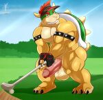  aaron_(artist) balls bowser clothing fingerless_gloves genitals gloves golf golf_ball golf_club handwear headgear headwear hi_res humanoid_genitalia humanoid_penis koopa male mario_bros mostly_nude nintendo outside penis scalie solo video_games 