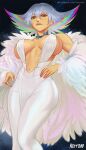  1girl abs areola_slip areolae arms_at_sides artist_name bangs bare_shoulders breasts breasts_apart covered_nipples curvy dress feet_out_of_frame fur hair_between_eyes hand_on_hip kill_la_kill kiryuuin_ragyou large_breasts lips looking_at_viewer looking_down mature_female multicolored_hair navel nextoad patreon_logo patreon_username rainbow_hair silver_hair smile solo standing stomach web_address white_dress white_hair 