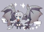  1girl bangs black_legwear black_leotard blue_eyes breasts commentary_request covered_navel dragon_girl dragon_horns dragon_tail dragon_wings eyebrows_visible_through_hair food grey_background grey_hair grey_jacket grey_wings hair_between_eyes highres holding holding_food horns jacket jacket_on_shoulders kushala_daora leotard medium_breasts milkpanda monster_hunter_(series) no_shoes personification popsicle short_eyebrows simple_background smoke solo sparkle standing strapless strapless_leotard tail thick_eyebrows thighhighs wings 