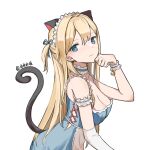  1girl alternate_costume animal_ears arm_up bangs blonde_hair blue_dress blue_eyes blue_ribbon breasts cat_ears cat_tail cleavage closed_mouth dress eyebrows_visible_through_hair fake_animal_ears girls&#039;_frontline hair_ribbon highres long_hair looking_at_viewer medium_breasts paw_pose ribbon sakatakin side_ponytail sideboob solo suomi_(girls&#039;_frontline) tail upper_body white_background 