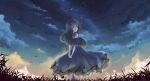  absurdres artist_request blue_eyes blue_hair blue_skirt blue_sky cloud cloudy_sky crying field grass grasslands highres looking_at_viewer looking_back night night_sky original scenery skirt sky stars 