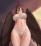  1girl absurdres ach_(user_dmdp4335) arms_behind_back ass_visible_through_thighs bangs black_hair black_wings blue_archive bra breasts closed_mouth cowboy_shot feathered_wings from_below hair_between_eyes halo hasumi_(blue_archive) highres large_breasts long_hair looking_away mole mole_under_eye navel panties skindentation solo standing stomach thigh_gap underwear underwear_only white_bra white_panties wings 