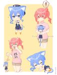  2zibure :3 anemachi animal_ear_fluff animal_ears blood blue_dress blue_eyes blue_hair carrying cat_ears cat_girl cat_tail chibi dress heart highres hololive hoshimachi_suisei nosebleed pink_shirt sailor_dress shirt short_shorts shorts side_bun side_ponytail sleeping star_(symbol) star_in_eye symbol_in_eye tail translation_request trembling twitter_username virtual_youtuber 