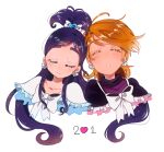  2girls black_shirt blush bow closed_eyes commentary_request cure_black cure_white dress earrings futari_wa_precure hair_ornament hair_ribbon half_updo happy heart heart_earrings inaba_yuzuha jewelry long_hair magical_girl misumi_nagisa multiple_girls orange_hair ponytail precure purple_hair ribbon shirt short_hair sketch sleeping smile white_dress yukishiro_honoka yuri 