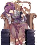  1girl absurdres armchair black_hairband blouse blue_blouse book book_stack buttons chair commentary eyebrows_behind_hair frilled_shirt_collar frilled_sleeves frills full_body hair_ornament hairband head_rest heart heart_button heart_hair_ornament highres holding holding_book jitome komeiji_satori leaning_to_the_side light_blush long_sleeves looking_at_viewer on_chair parted_lips pink_skirt purple_eyes purple_hair red_footwear short_hair simple_background sitting skirt slippers solo third_eye totopepe888 touhou white_background wide_sleeves 