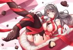  1girl ass azur_lane barefoot breasts candy charybdis_(azur_lane) chocolate chocolate_on_body chocolate_on_breasts elbow_gloves eyebrows_visible_through_hair food food_on_body foot_out_of_frame full_body gloves grey_eyes grey_hair heart heart-shaped_chocolate large_breasts looking_at_viewer maid_headdress naked_ribbon ribbon simple_background soles solo toes valentine white_gloves yuki_shizuku 