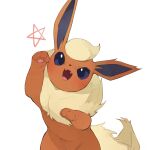  1:1 2021 ambiguous_gender black_inner_ear blue_eyes cute_fangs digital_media_(artwork) eeveelution fangs feral flareon fluffy fluffy_tail fur head_tuft hi_res looking_at_viewer multicolored_body multicolored_fur neck_tuft nintendo on_hind_legs on_model open_mouth open_smile pawpads paws pink_pawpads pok&eacute;mon pok&eacute;mon_(species) quadruped red_body red_fur shaded simple_background simple_shading small_nose smile solo star tan_body tan_fur tan_tail tan_tuft tongue tuft video_games white_background youjomodoki 