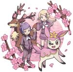 1boy 1girl absurdres ace_trainer_(pokemon) bangs blonde_hair bright_pupils buttons collared_shirt commentary_request deerling flower hand_in_pocket hand_up highres jacket long_hair long_sleeves open_mouth pants petals pink_flower pokemon pokemon_(creature) pokemon_(game) pokemon_xy purple_hair sawsbuck shirt shoes short_hair skirt smile socks sutokame swept_bangs white_pupils yellow_eyes 