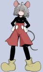  1girl absurdres ahoge animal_ears closed_mouth cosplay disney eyebrows_visible_through_hair fe_(tetsu) full_body gloves grey_background grey_hair hands_on_hips highres looking_at_viewer mickey_mouse mickey_mouse_(cosplay) mouse_ears mouse_tail nazrin red_eyes red_shorts short_hair shorts simple_background smile solo standing tail touhou white_gloves yellow_footwear 