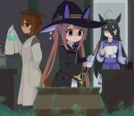  3girls agnes_tachyon_(umamusume) ahoge animal_ears black_hair brown_hair commentary_request cup flask hair_between_eyes hat horse_ears horse_girl horse_tail labcoat long_hair manhattan_cafe_(umamusume) mito_oguri mug multiple_girls pot purple_eyes short_hair smile sweep_tosho_(umamusume) tail twintails umamusume witch_hat 