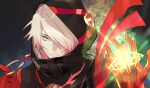  1boy absurdres bishounen black_coat blue_eyes christmas coat colored_skin eyeshadow fate/grand_order fate_(series) gloves hair_over_one_eye highres hood hood_up karna_(fate) karna_(santa)_(fate) koroponsu3 looking_at_viewer makeup male_focus red_gloves short_hair solo tsurime white_hair white_skin 