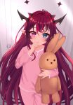  1girl bangs blue_eyes commentary door hair_between_eyes heterochromia highres hololive hololive_english horns indoors irys_(hololive) long_hair multiple_horns pajamas pink_eyes pink_pajamas pointy_ears purple_hair saito_(pigrank) solo stuffed_animal stuffed_bunny stuffed_toy symbol-only_commentary thumb_sucking very_long_hair virtual_youtuber younger 