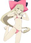  1girl bikini black_bikini blonde_hair commentary_request green_eyes hat highres long_hair looking_at_viewer magilou_(tales) micro_bikini multicolored_bikini multicolored_clothes nanina_(nijnan) navel pink_bikini side-tie_bikini smile solo swimsuit tales_of_(series) tales_of_berseria very_long_hair white_background witch_hat 