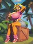  activision anthro bandicoot big_breasts blonde_hair breasts clothed clothing crash_bandicoot_(series) detailed_background female hair hi_res huge_breasts jindragowolf mammal marsupial nipple_outline outside sitting solo tawna_bandicoot video_games 