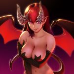 1girl areola_slip areolae arm_under_breasts backlighting bangs bare_shoulders black_background black_gloves black_wings breast_hold breasts cleavage closed_mouth collarbone demon demon_girl demon_horns demon_tail demon_wings dragon_horns earrings elbow_gloves gloves gradient gradient_background hair_between_eyes hand_on_own_arm highres horiishi_horuto horns jewelry large_breasts lips looking_at_viewer navel original pasties pointy_ears purple_background purple_eyes red_hair red_wings revision smirk star_pasties straight_hair tail upper_body wings 