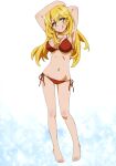  1girl :q absurdres armpits arms_up bare_arms bare_legs barefoot bikini blonde_hair breasts cleavage collarbone full_body groin halterneck head_tilt highres hiyamizu_yukie long_hair looking_at_viewer medium_breasts navel red_bikini shiny shiny_hair shiny_skin shokuhou_misaki side-tie_bikini solo standing straight_hair swimsuit symbol-shaped_pupils toaru_kagaku_no_railgun toaru_majutsu_no_index tongue tongue_out very_long_hair white_background 