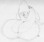  big_breasts breasts clothing eyeshadow female fin fish half-closed_eyes hanna-barbera huge_breasts hyper hyper_breasts jabberjaw jabberjaw_(character) jellystone_(hbo_max) lipstick looking_down makeup marine narrowed_eyes non-mammal_breasts open_mouth sbshouseofpancakes semi-anthro shark sharp_teeth teeth topwear 