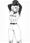  1girl absurdres arms_up baseball_mitt baseball_uniform belt breasts copyright_request dirty dirty_clothes dirty_face greyscale hair_over_one_eye hat highres hisame_sui holding large_breasts looking_at_viewer monochrome parted_lips pitcher short_hair solo sportswear 