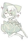  1other ;&gt; bob_cut bow chibi diamond_(houseki_no_kuni) dress elbow_gloves from_side full_body gloves hair_bow high_heels holding holding_sword holding_weapon houseki_no_kuni jumping looking_at_viewer one_eye_closed short_hair simple_background solo sparkle sword weapon white_background yawo 