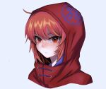  adapted_costume bangs blush closed_mouth commentary_request dullahan face highres looking_at_viewer red_eyes red_hair red_hood sekibanki short_hair simple_background touhou white_background yonoisan 