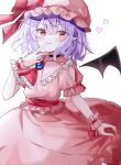  1girl ascot bat_wings blush bow brooch choker collared_dress dress eyebrows_visible_through_hair fang frilled_dress frills hat heart highres jewelry large_bow looking_at_viewer mob_cap pillow_hat pink_dress pointy_ears purple_hair red_eyes remilia_scarlet shinonome_(ichigotsuki) short_hair short_sleeves simple_background smile solo touhou v white_background wings wrist_cuffs 